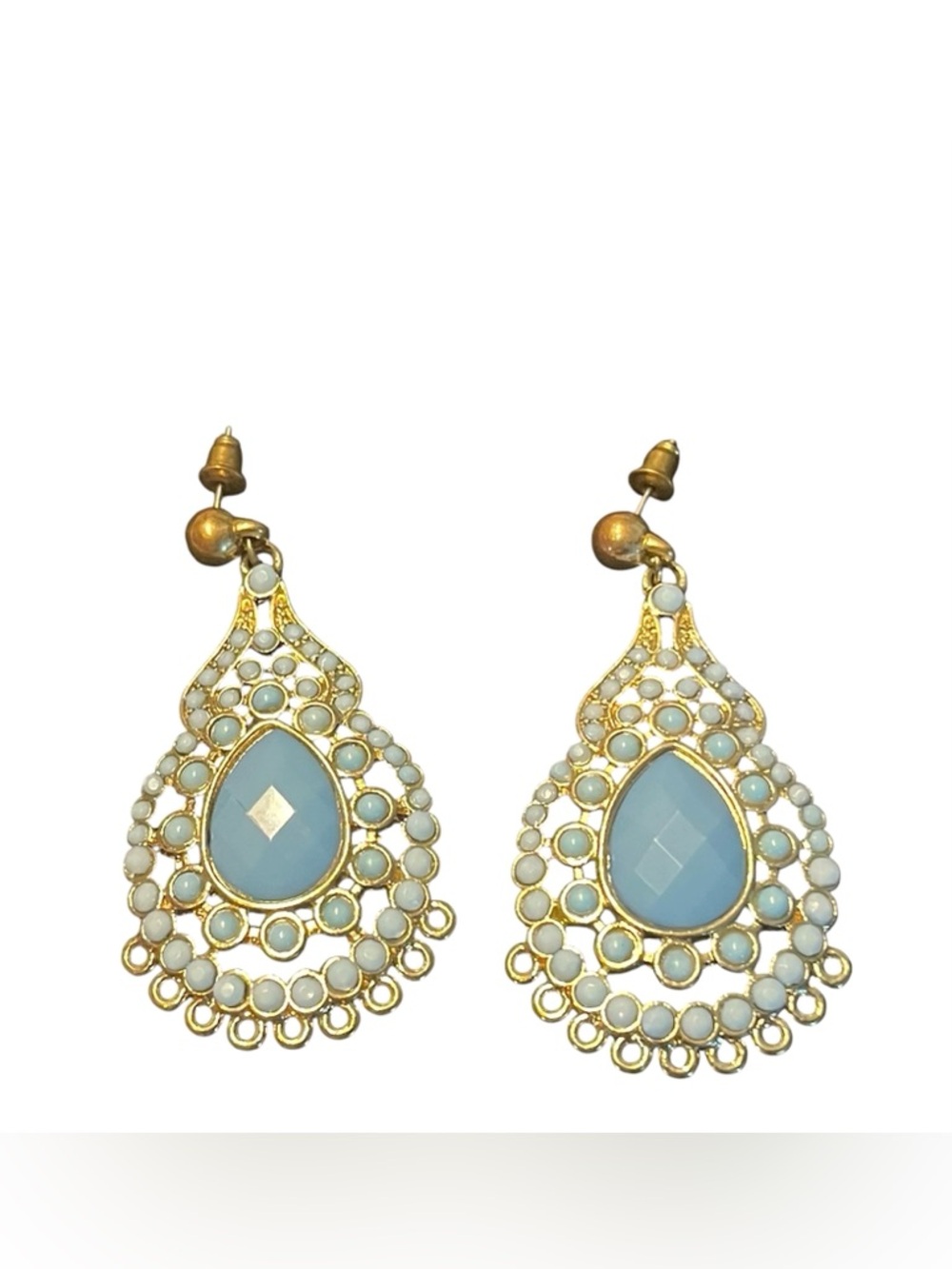 NWOT Ladies Fashion Teardrop Earrings with Light Blue Gemstones - Picture 2 of 8